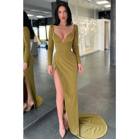 Vestido de noche formal sexy con escote en V y abertura alta y mangas largas 