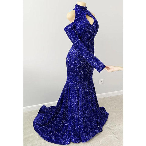 Robe de bal noire unique à col haut et manches longues, paillettes scintillantes, pour un look stylé 
