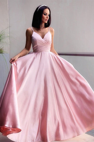 A-line Pink Spaghetti-Straps V-neck Long Prom Dress