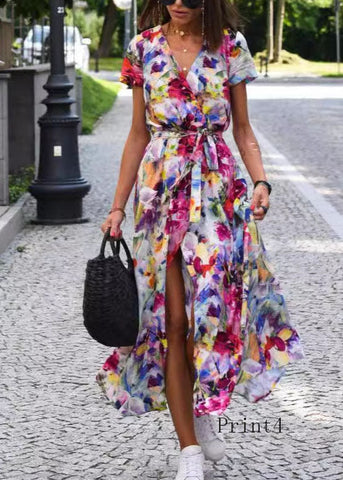 Vestido de verano de algodón con escote en V, estampado, abertura lateral y cintura ajustable. 