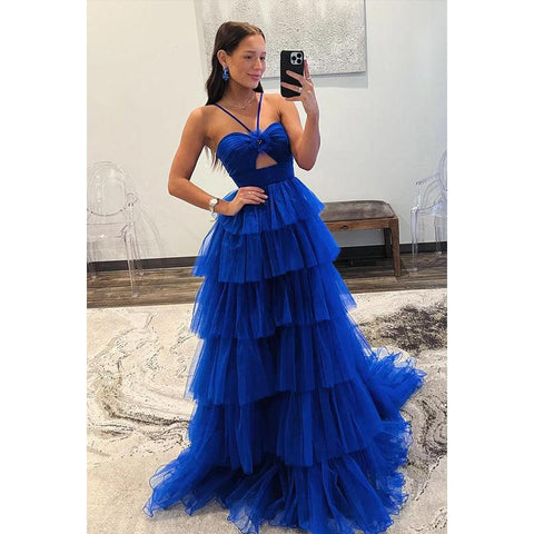 Hermoso y encantador vestido de fiesta de noche con escote halter, sin mangas, corte A, espalda abierta y corte A