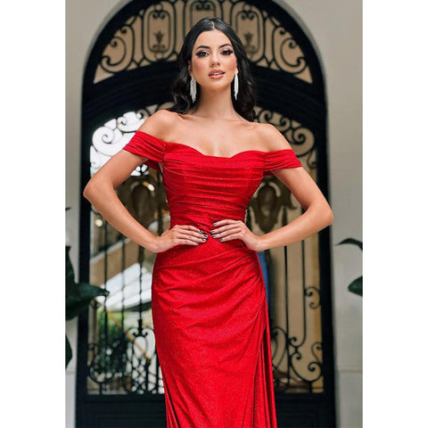 Sheath/column Off Shoulder Pleats Red Long Formal Evening Dress with Slit