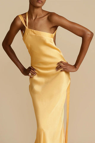 Robe de soirée élégante, dos nu, col oblique 