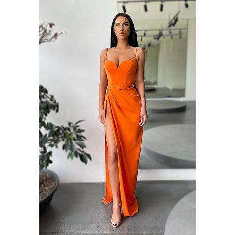 Vestido de fiesta largo con tirantes finos y abertura alta para mujer