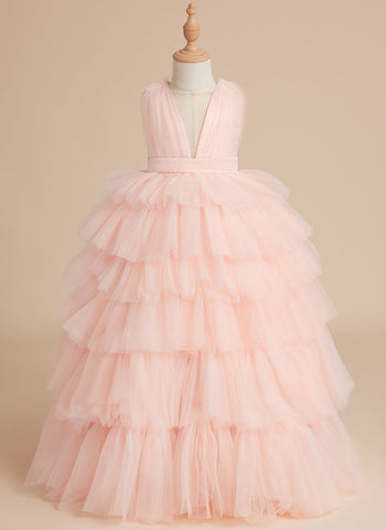 Ball-Gown/Princess Pearl Pink Sleeveless Tulle Bow Flower Girl Dress