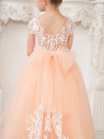 A-line Lace Tulle Sweep Train Pink Flower Girl Dress