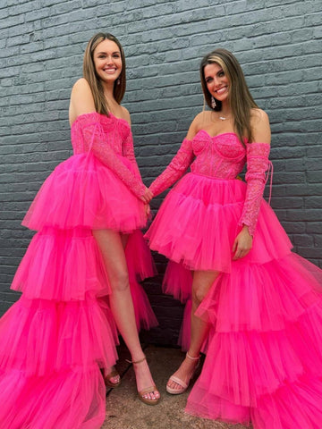 Robe de bal asymétrique trapèze sans bretelles en tulle à volants