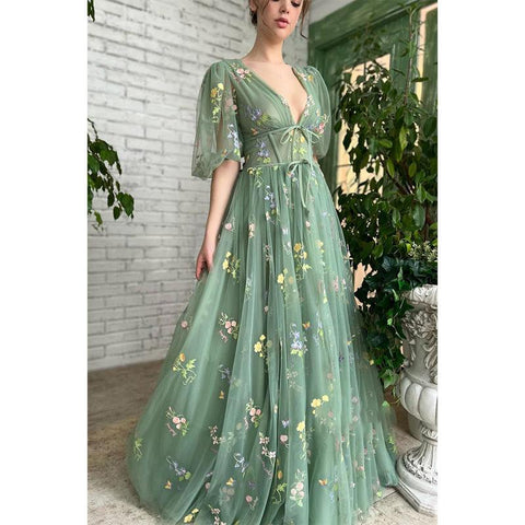 Vestido de fiesta sexy con escote en V, media manga, bordado de encaje y bolsillos