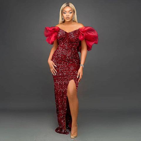 Sexy Ruffles V-neck Elegant Sequ High-End Maxi Dress Ladies Banquet Evening Dress Women Party Dre