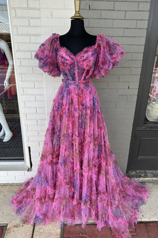 Gorgeous A Line Off the Shoulder Pink Floral Printed Corset Prom Dress with Sweep Train