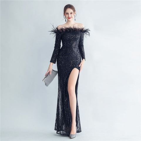 High Density Ostrich Hair Sequin Off Shoulder Fishtail Evening Dress