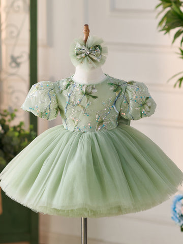 Sequins Tulle Knee-length Green 1st Birthday Party Baby Girl Dress