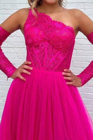 A Line One Shoulder Fuchsia Corset Prom Dress with Split Front