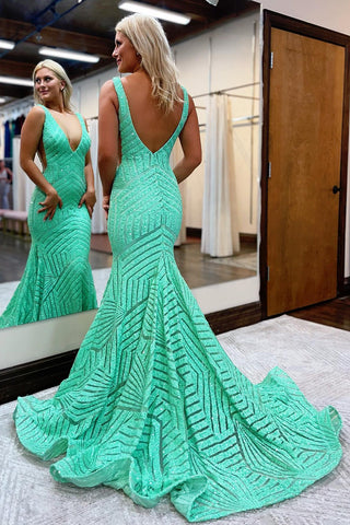 Mermaid Deep V Neck Orange Sequins Long Prom Dress with Open Back
