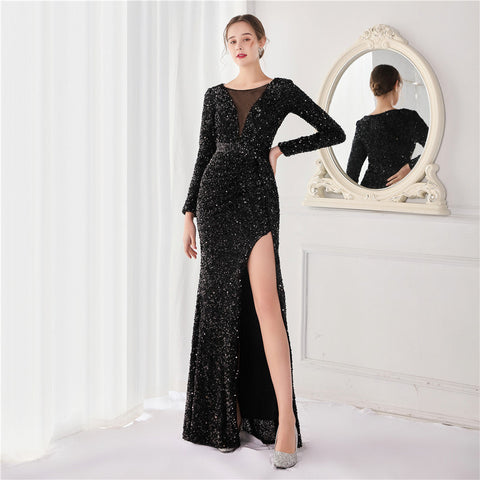 Cocktail Elegant Long Sleeve Sequined Fishtail Evening Dress