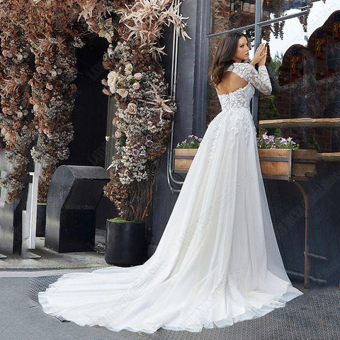 Wedding Dress A Line Removable Long Sleeve Bride Elegant Open Back Lace Bridal Gown Applique Tulle Vestido De Noiva