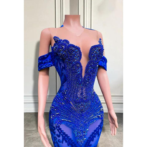 Vestido de fiesta de noche estilo sirena con escote en V, mangas cortas y apliques, glamuroso y dramático