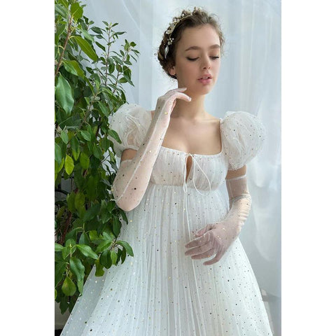 Vestido de fiesta largo de tul con escote cuadrado, mangas cortas abullonadas y corte A