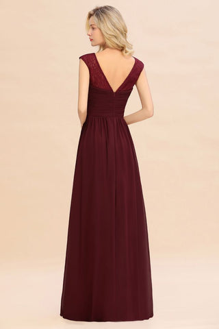 Cap Sleeve Burgundy Evening Maxi Gown Chiffon Floor Length Bridesmaid Dress