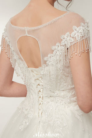 Cap Sleeves A-line Scoop Floor Length Lace Appliques Wedding Dresses