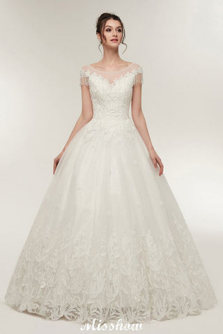 Cap Sleeves A-line Scoop Floor Length Lace Appliques Wedding Dresses