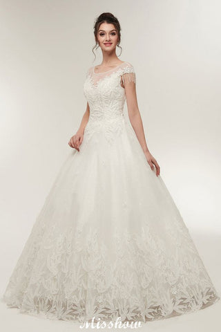 Cap Sleeves A-line Scoop Floor Length Lace Appliques Wedding Dresses