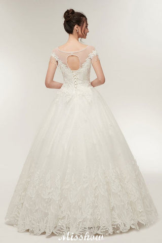 Cap Sleeves A-line Scoop Floor Length Lace Appliques Wedding Dresses