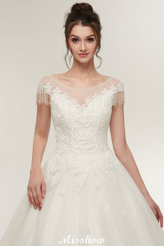 Cap Sleeves A-line Scoop Floor Length Lace Appliques Wedding Dresses