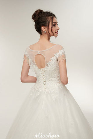 Cap Sleeves A-line Scoop Floor Length Lace Appliques Wedding Dresses