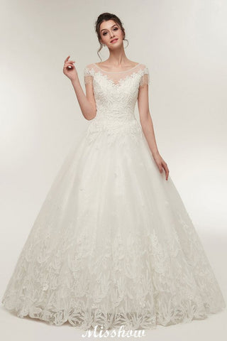 Cap Sleeves A-line Scoop Floor Length Lace Appliques Wedding Dresses