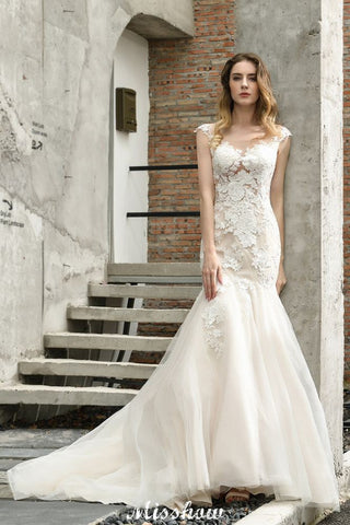 Cap Sleeves Lace Mermaid Wedding Dress White/Ivory Floral Garden Bridal Gown