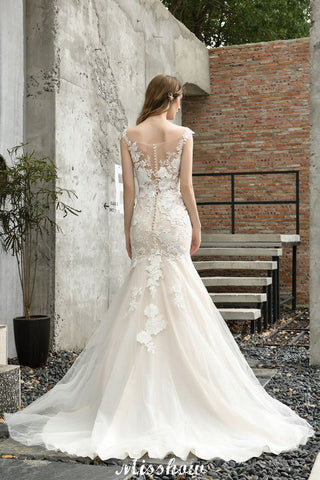 Cap Sleeves Lace Mermaid Wedding Dress White/Ivory Floral Garden Bridal Gown