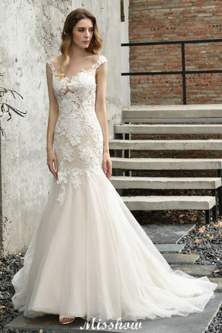 Cap Sleeves Lace Mermaid Wedding Dress White/Ivory Floral Garden Bridal Gown