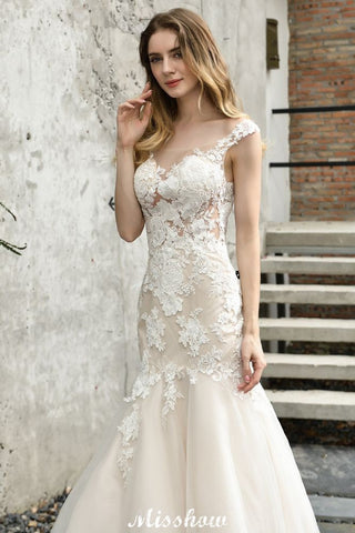 Cap Sleeves Lace Mermaid Wedding Dress White/Ivory Floral Garden Bridal Gown