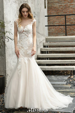 Cap Sleeves Lace Mermaid Wedding Dress White/Ivory Floral Garden Bridal Gown