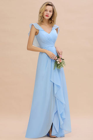 Cap Sleeves Ruffle Chiffon Hi-Lo Bridesmaid Dress A-line Wedding Party Dress