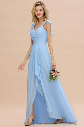 Cap Sleeves Ruffle Chiffon Hi-Lo Bridesmaid Dress A-line Wedding Party Dress
