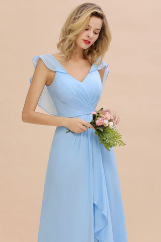Cap Sleeves Ruffle Chiffon Hi-Lo Bridesmaid Dress A-line Wedding Party Dress