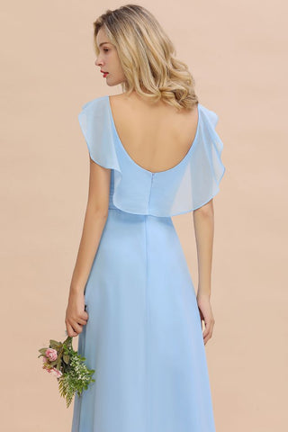 Cap Sleeves Ruffle Chiffon Hi-Lo Bridesmaid Dress A-line Wedding Party Dress