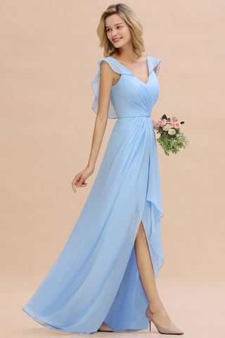 Cap Sleeves Ruffle Chiffon Hi-Lo Bridesmaid Dress A-line Wedding Party Dress