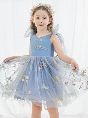 A-Line Sleeveless Floral Embroidered Tulle Toddler Flower Girl Dress