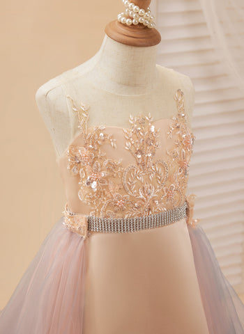 A-line Satin Tulle Sweep Train Champagne Dress (010226776)