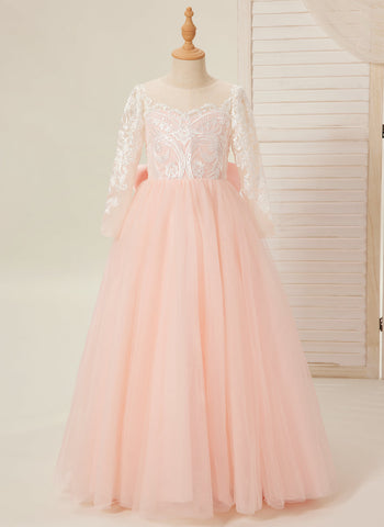A-line Long Sleeves Lace Tulle Flower Girl Dresses Pink (2003227575)