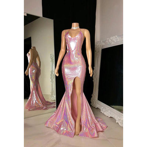 Vestido de fiesta largo con escote en V, tirantes finos, lentejuelas y abertura