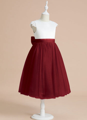 A-line Satin Tulle Tea-length First Communion Flower Girl Dress