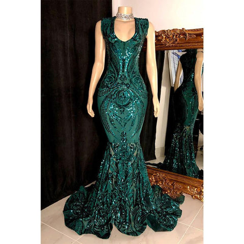 Vestido de fiesta de sirena con apliques de lentejuelas y escote en V sexy para chica negra para Slay