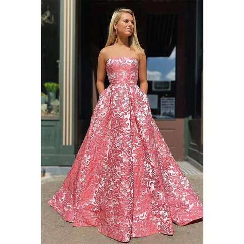 Vestido de fiesta largo con abertura alta, corte A, de encaje exquisito sin tirantes y bolsillos 