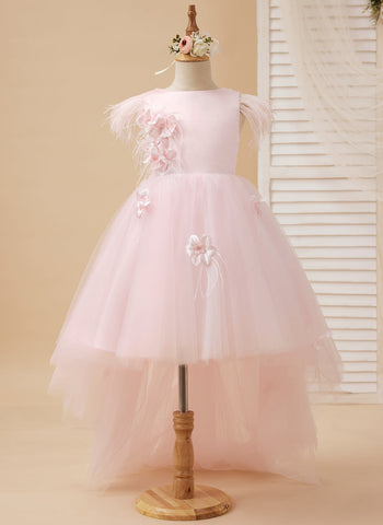 Princess Sleeveless Tulle Flower Girl Dress with Beading and Feather Bow (010224704)