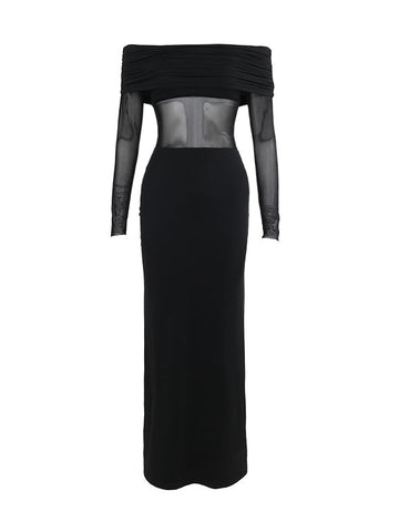 Long Sleeves Skinny Pleated See-Through Solid Color Split-Joint Off-The-Shoulder Evening Dresses Maxi Dresses
