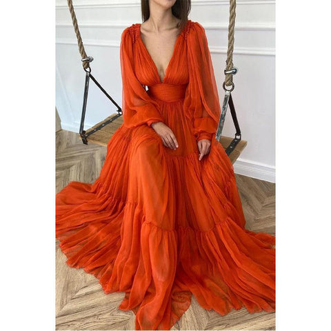 Vestido de noche formal de tul naranja, sexy, con escote en V profundo y mangas largas, corte A 